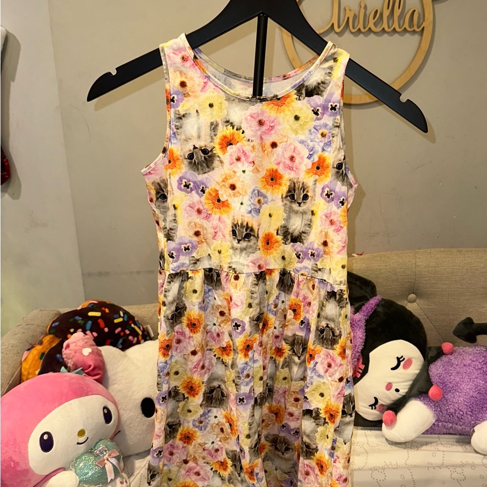 Floral Cat Print Sleeveless Dress